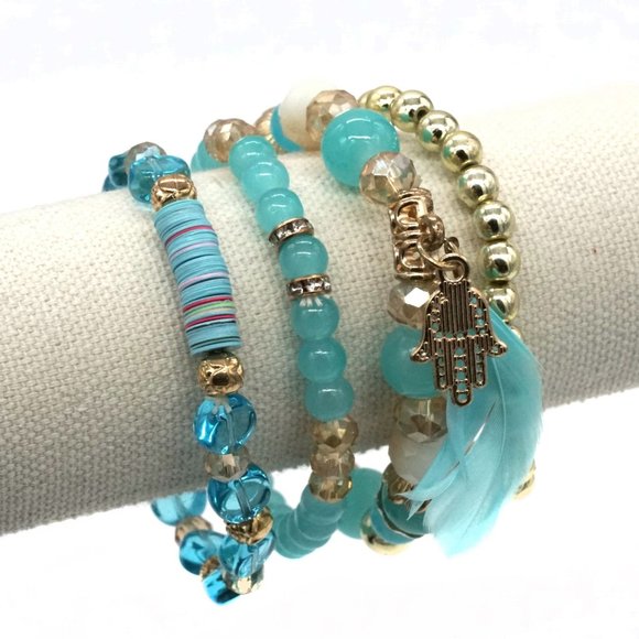 Bracelet Four Strands Blue & Gold Beads Chakra Charm. OS. - Picture 3 of 3